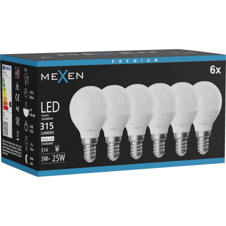 Mexen Nova 6x LED крушка E14, G45, 3W, Неутрална - 4000K, 315 lm - L101-E14-0340-01x06