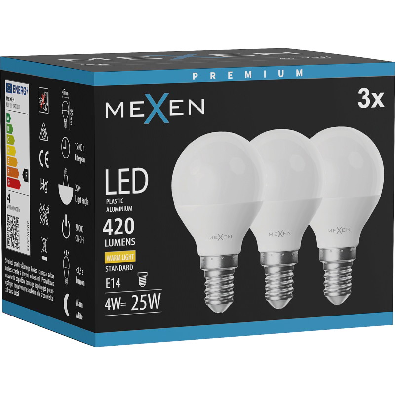 Mexen Nova 3x LED крушка E14, G45, 4W, Топла - 3000K, 420 lm - L101-E14-0430-01x03