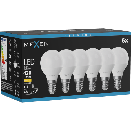 Mexen Nova 6x LED крушка E14, G45, 4W, Топла - 3000K, 420 lm - L101-E14-0430-01x06