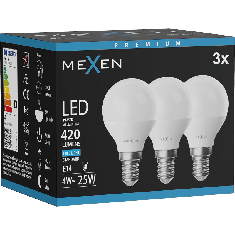 Mexen Nova 3x LED крушка E14, G45, 4W, Студена - 6500K, 420 lm - L101-E14-0465-01x03
