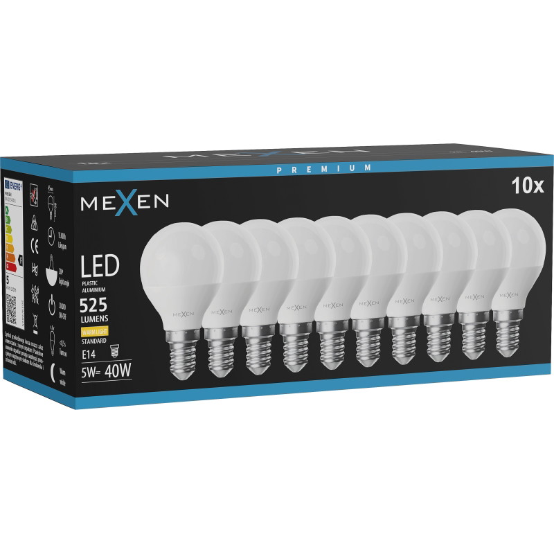 Mexen Nova 10x LED крушка E14, G45, 5W, Топла - 3000K, 525 lm - L101-E14-0530-01x10