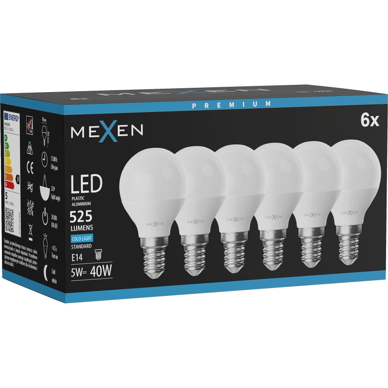 Mexen Nova 6x LED крушка E14, G45, 5W, Студена - 6500K, 525 lm - L101-E14-0565-01x06