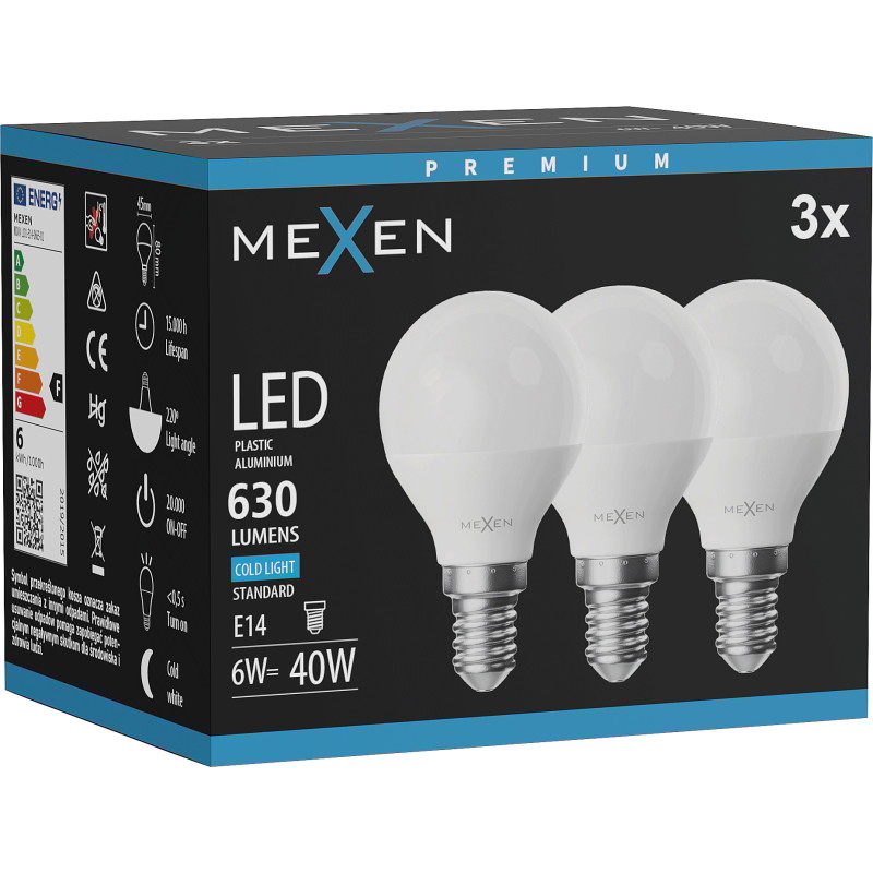 Mexen Nova 3x LED крушка E14, G45, 6W, Студена - 6500K, 630 lm - L101-E14-0665-01x03