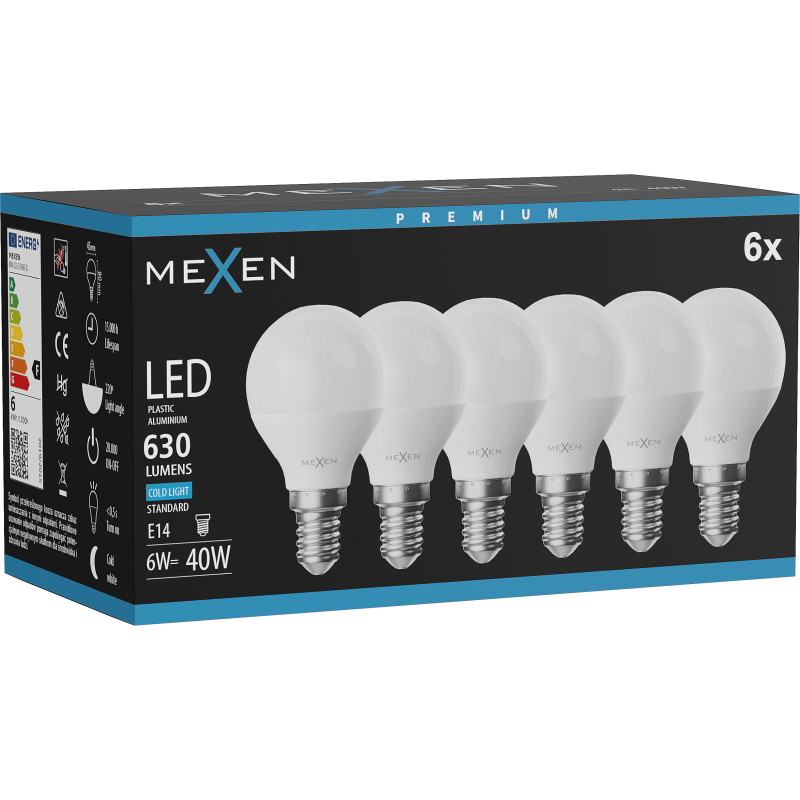 Mexen Nova 6x LED крушка E14, G45, 6W, Студена - 6500K, 630 lm - L101-E14-0665-01x06