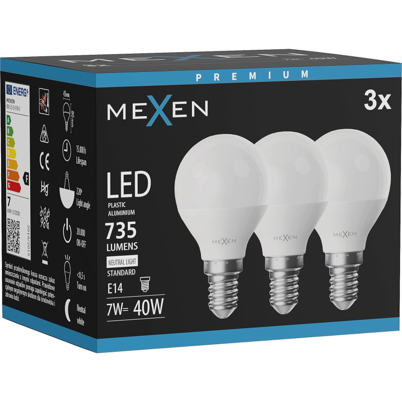 Mexen Nova 3x LED крушка E14, G45, 7W, Неутрална - 4000K, 735 lm - L101-E14-0740-01x03
