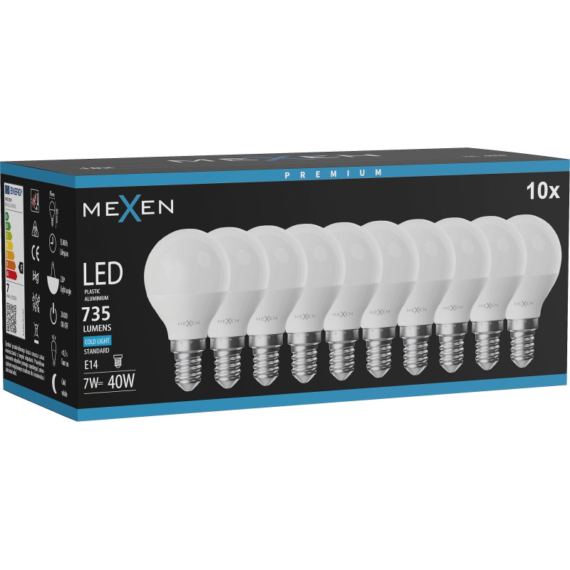 Mexen Nova 10x LED крушка E14, G45, 7W, Студено - 6500K, 735 lm - L101-E14-0765-01x10