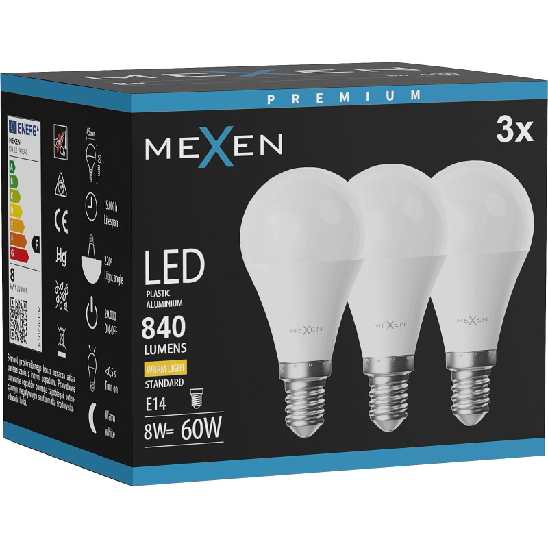 Mexen Nova 3x LED крушка E14, G45, 8W, Топла - 3000K, 840 lm - L101-E14-0830-01x03