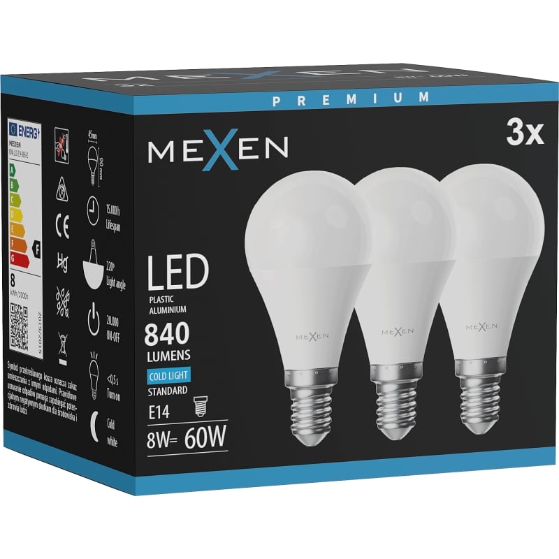 Mexen Nova 3x LED крушка E14, G45, 8W, Студена - 6500K, 840 lm - L101-E14-0865-01x03