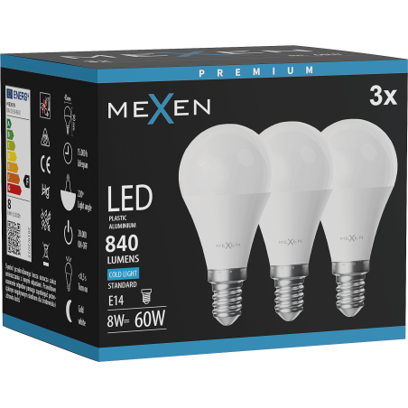 Mexen Nova 3x LED крушка E14, G45, 8W, Студена - 6500K, 840 lm - L101-E14-0865-01x03