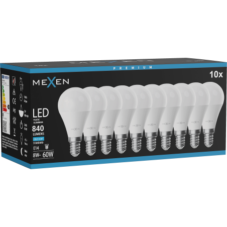 Mexen Nova 10x LED крушка E14, G45, 8W, Студена - 6500K, 840 lm - L101-E14-0865-01x10