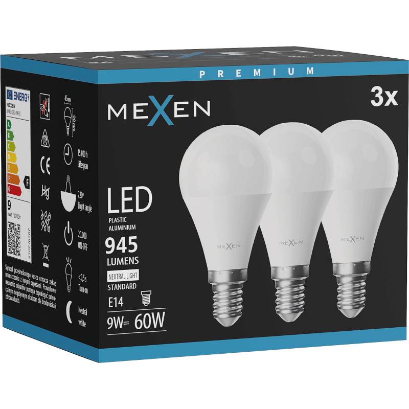 Mexen Nova 3x LED крушка E14, G45, 9W, неутрална - 4000K, 945 lm - L101-E14-0940-01x03