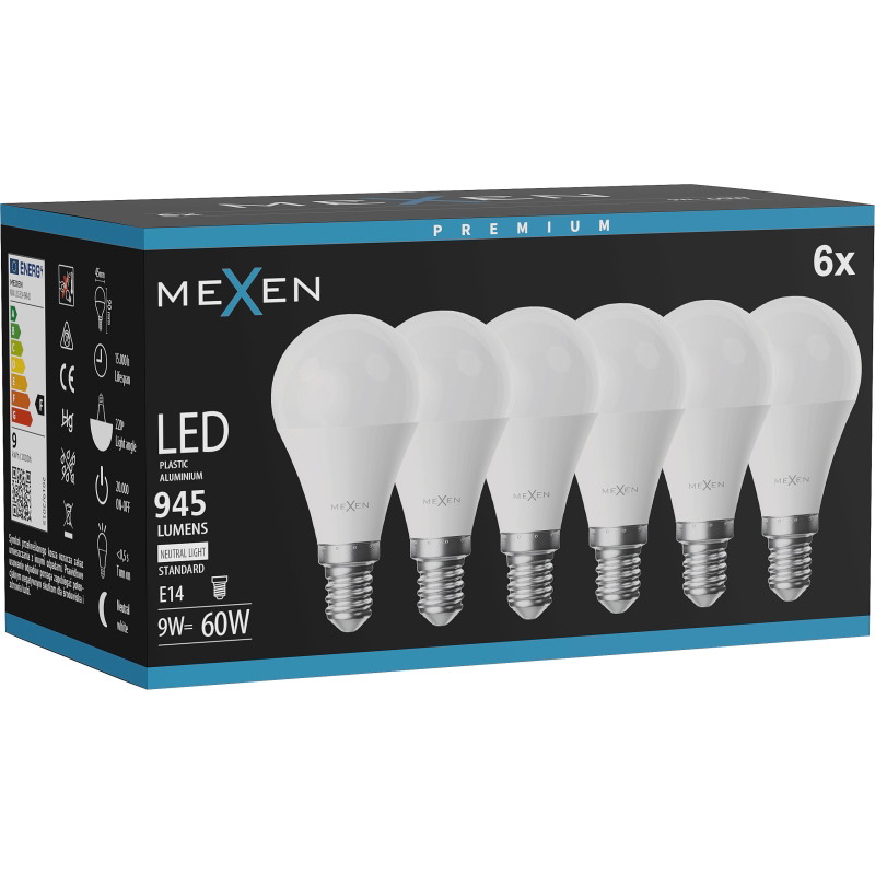 Mexen Nova 6x LED крушка E14, G45, 9W, Неутрална - 4000K, 945 lm - L101-E14-0940-01x06