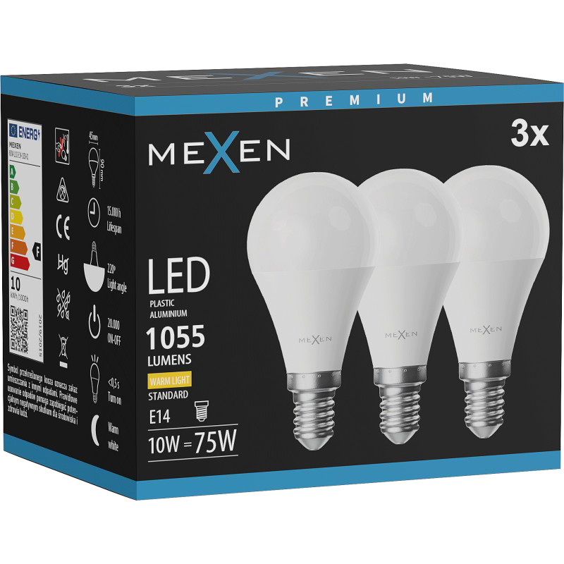 Mexen Nova 3x LED крушка E14, G45, 10W, Топла - 3000K, 1055 lm - L101-E14-1030-01x03