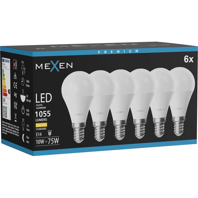 Mexen Nova 6x LED крушка E14, G45, 10W, Топла - 3000K, 1055 lm - L101-E14-1030-01x06
