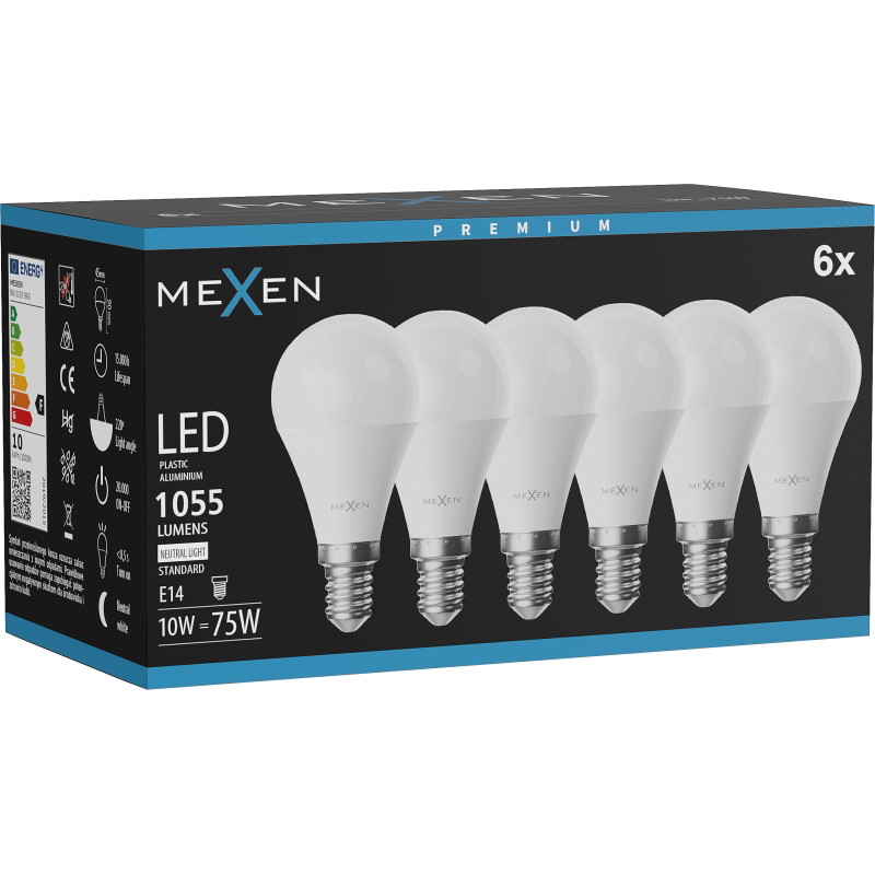 Mexen Nova 6x LED крушка E14, G45, 10W, Неутрална - 4000K, 1055 lm - L101-E14-1040-01x06