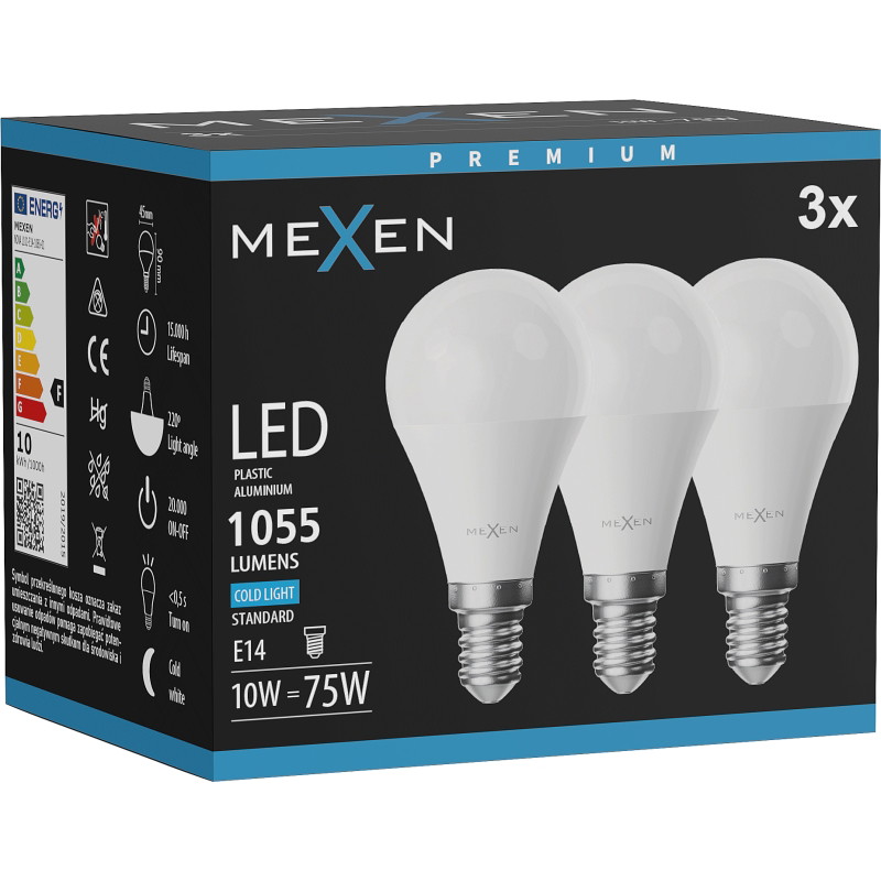 Mexen Nova 3x LED крушка E14, G45, 10W, Студена - 6500K, 1055 lm - L101-E14-1065-01x03