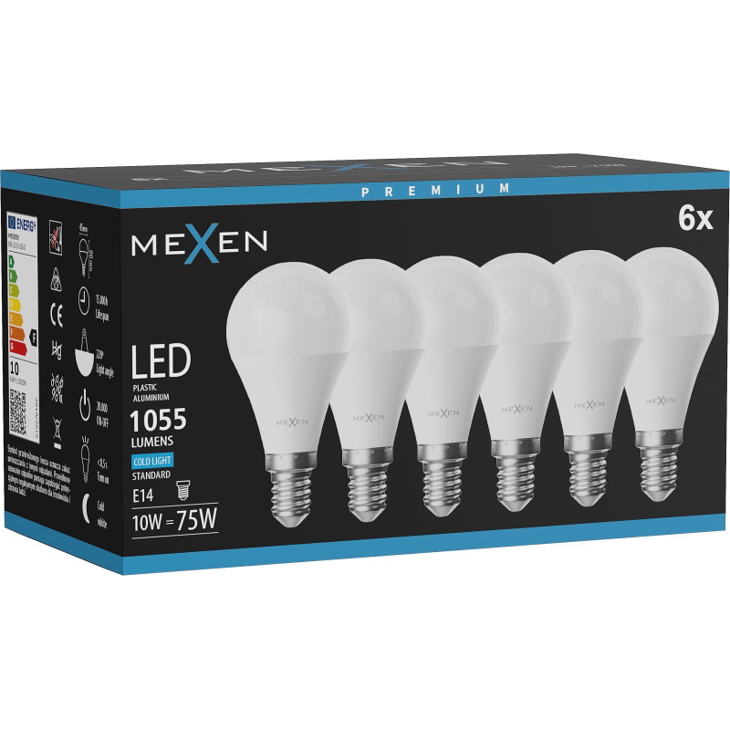 Mexen Nova 6x LED крушка E14, G45, 10W, Студена - 6500K, 1055 lm - L101-E14-1065-01x06