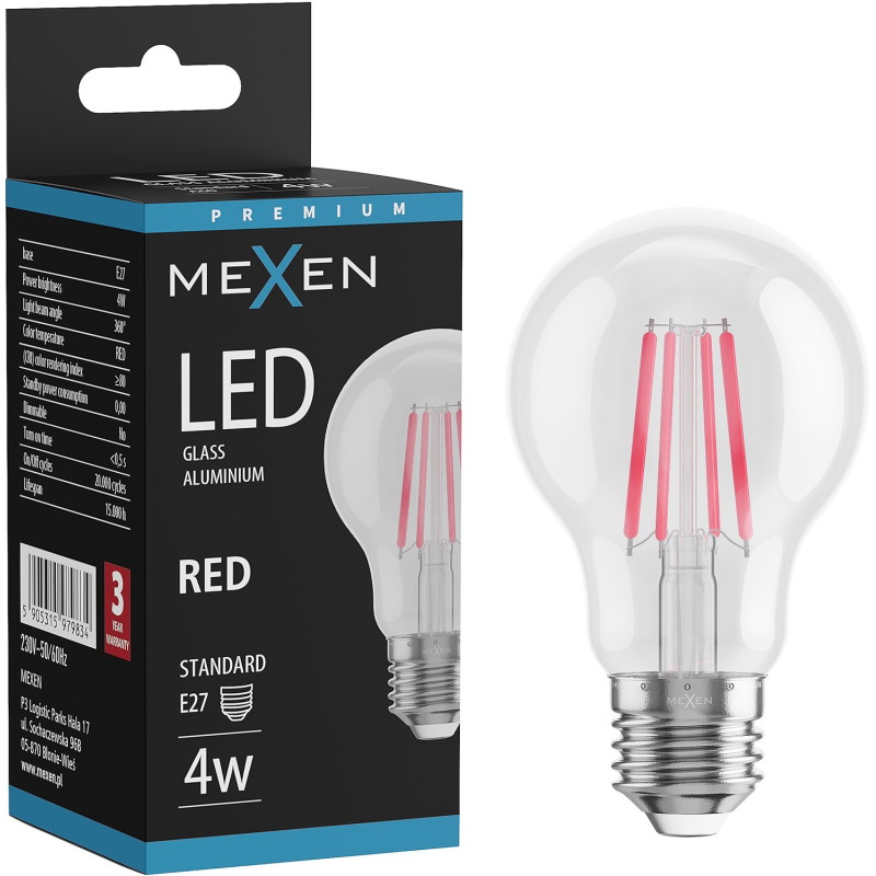 Mexen Vintis LED филамент крушка E27, A60, 4W, 55 lm, червена - L150-E27-04XX-45