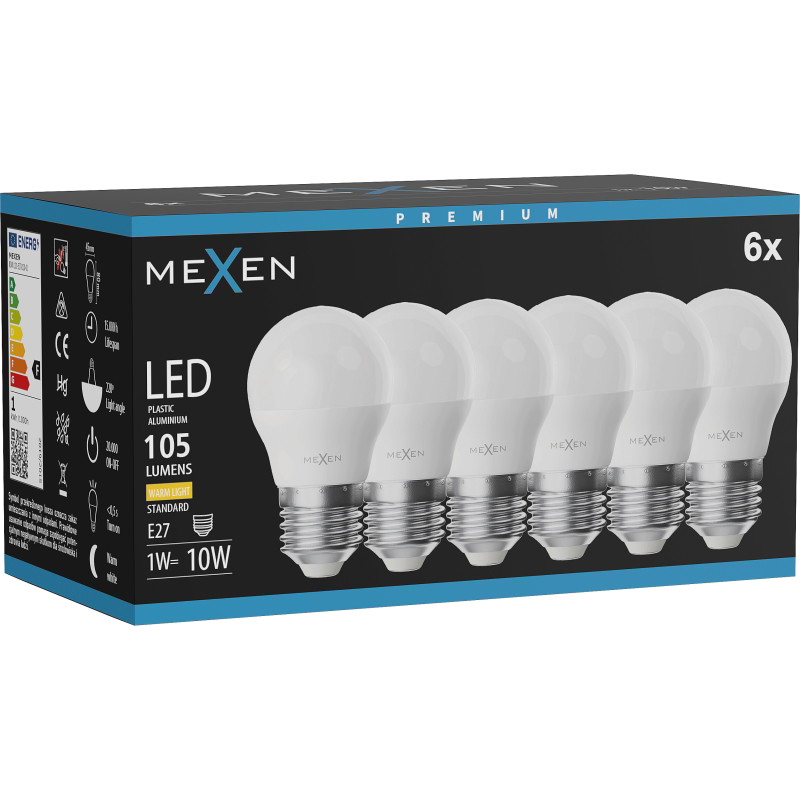 Mexen Nova 6x LED крушка E27, G45, 1W, Топла - 3000K, 105 lm - L101-E27-0130-01x06