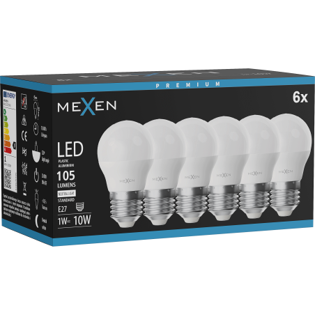 Mexen Nova 6x LED крушка E27, G45, 1W, Неутрална - 4000K, 105 lm - L101-E27-0140-01x06