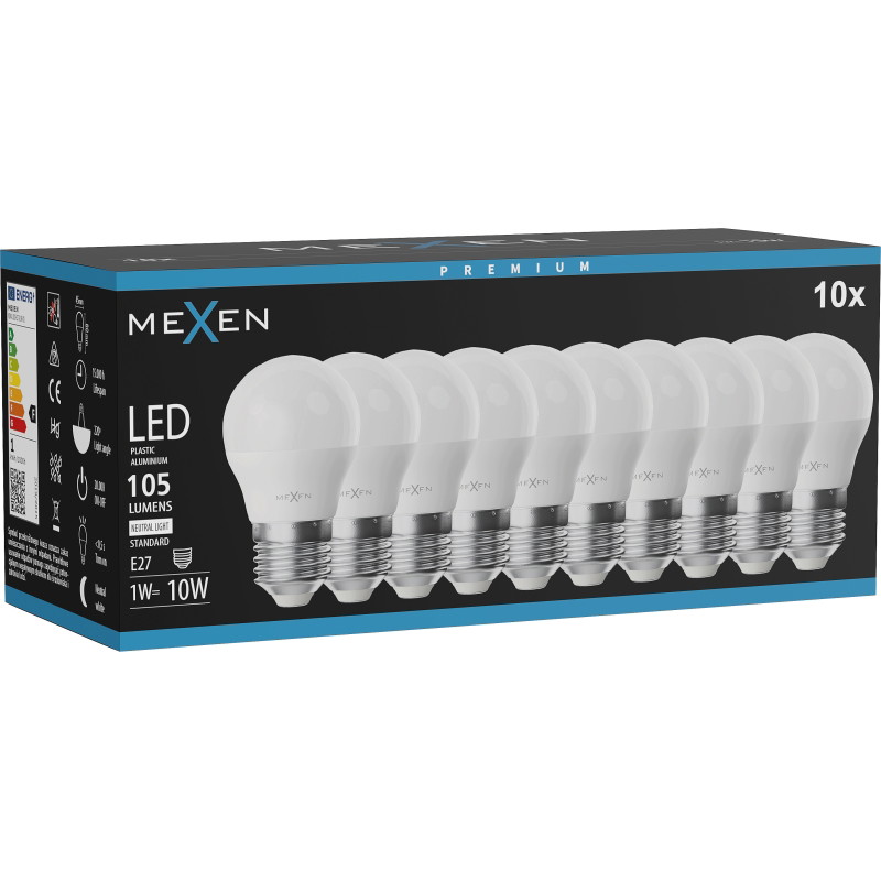 Mexen Nova 10x LED крушка E27, G45, 1W, Неутрална - 4000K, 105 lm - L101-E27-0140-01x10