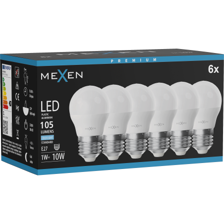 Mexen Nova 6x LED крушка E27, G45, 1W, Студено - 6500K, 105 lm - L101-E27-0165-01x06