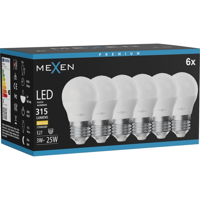 Mexen Nova 6x LED крушка E27, G45, 3W, Топла светлина - 3000K, 315 lm - L101-E27-0330-01x06