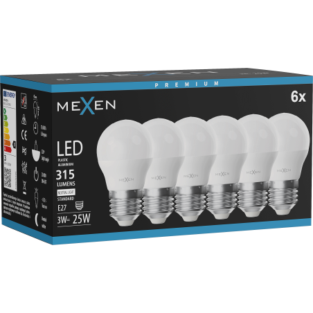 Mexen Nova 6x LED крушка E27, G45, 3W, Неутрална - 4000K, 315 lm - L101-E27-0340-01x06