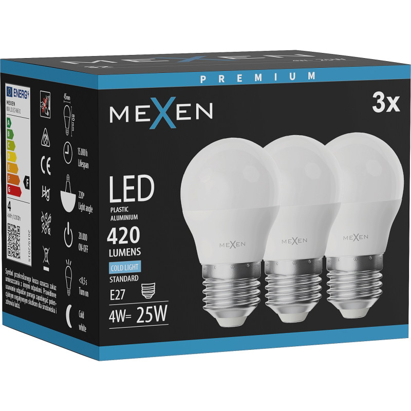 Mexen Nova 3x LED крушка E27, G45, 4W, Студена - 6500K, 420 lm - L101-E27-0465-01x03
