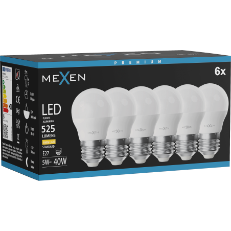 Mexen Nova 6x LED крушка E27, G45, 5W, Топла - 3000K, 525 lm - L101-E27-0530-01x06