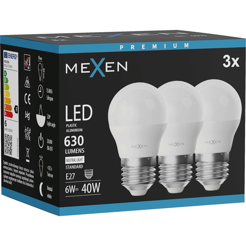 Mexen Nova 3x LED крушка E27, G45, 6W, Неутрална - 4000K, 630 lm - L101-E27-0640-01x03