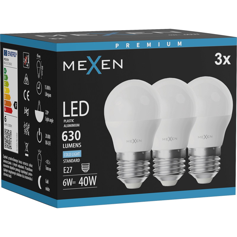 Mexen Nova 3x LED крушка E27, G45, 6W, Студена - 6500K, 630 lm - L101-E27-0665-01x03