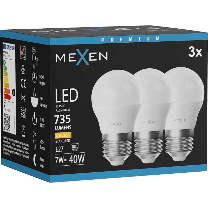 Mexen Nova 3x LED крушка E27, G45, 7W, Топла - 3000K, 735 lm - L101-E27-0730-01x03