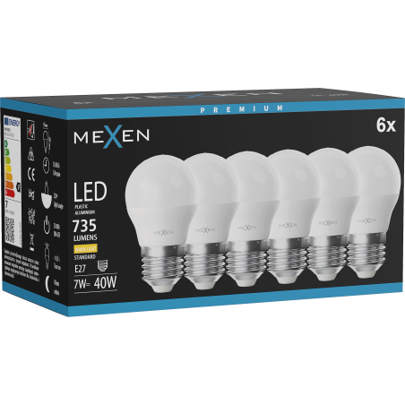 Mexen Nova 6x LED крушка E27, G45, 7W, Топла - 3000K, 735 lm - L101-E27-0730-01x06