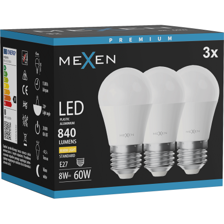 Mexen Nova 3x LED крушка E27, G45, 8W, Топла - 3000K, 840 lm - L101-E27-0830-01x03