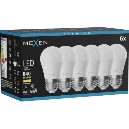 Mexen Nova 6x LED крушка E27, G45, 8W, Топла - 3000K, 840 lm - L101-E27-0830-01x06