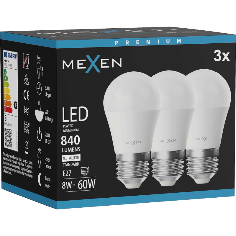 Mexen Nova 3x LED крушка E27, G45, 8W, Неутрална - 4000K, 840 lm - L101-E27-0840-01x03