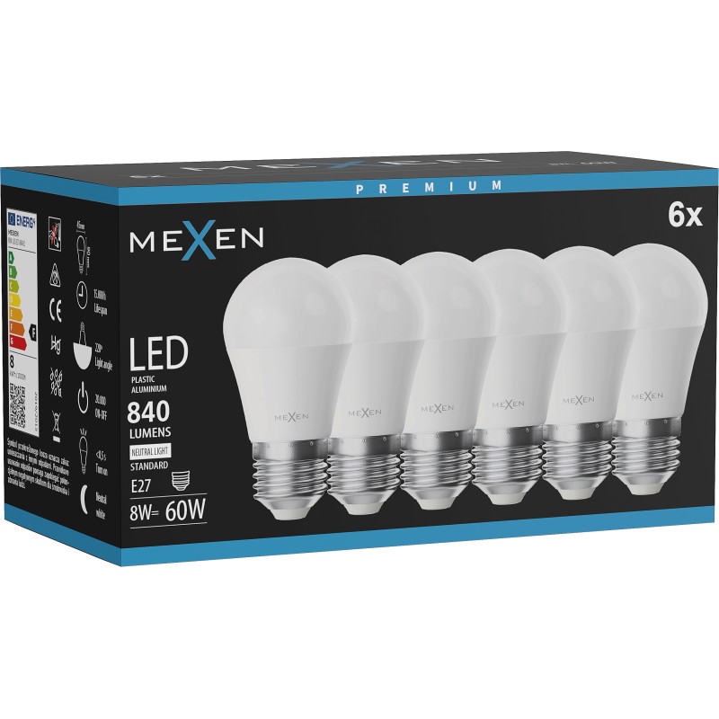 Mexen Nova 6x LED крушка E27, G45, 8W, неутрална - 4000K, 840 lm - L101-E27-0840-01x06