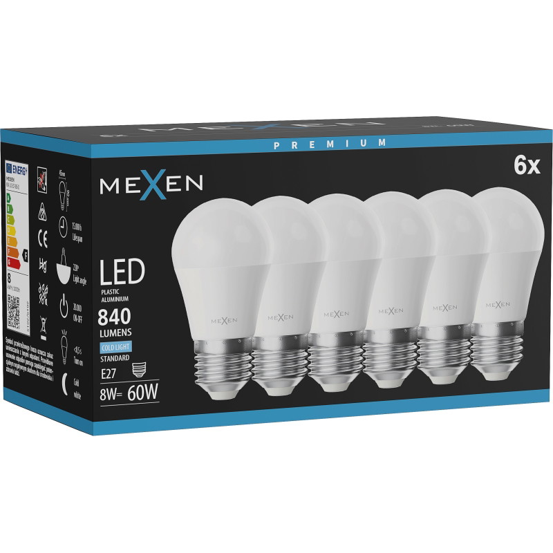 Mexen Nova 6x LED крушка E27, G45, 8W, Студена - 6500K, 840 lm - L101-E27-0865-01x06