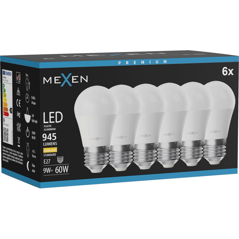 Mexen Nova 6x LED крушка E27, G45, 9W, Топла - 3000K, 945 lm - L101-E27-0930-01x06