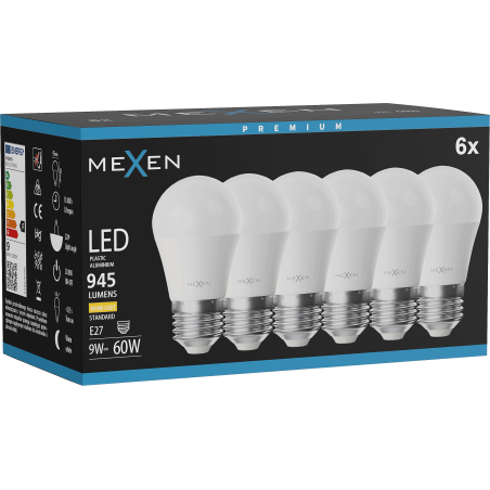 Mexen Nova 6x LED крушка E27, G45, 9W, Топла - 3000K, 945 lm - L101-E27-0930-01x06