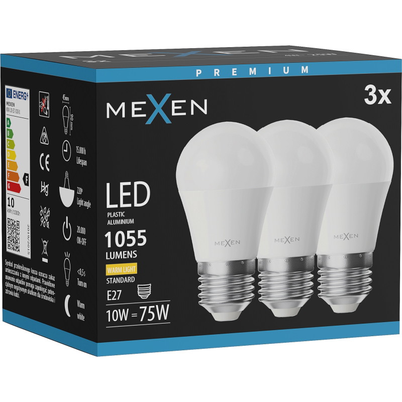 Mexen Nova 3x LED крушка E27, G45, 10W, Топла - 3000K, 1055 lm - L101-E27-1030-01x03