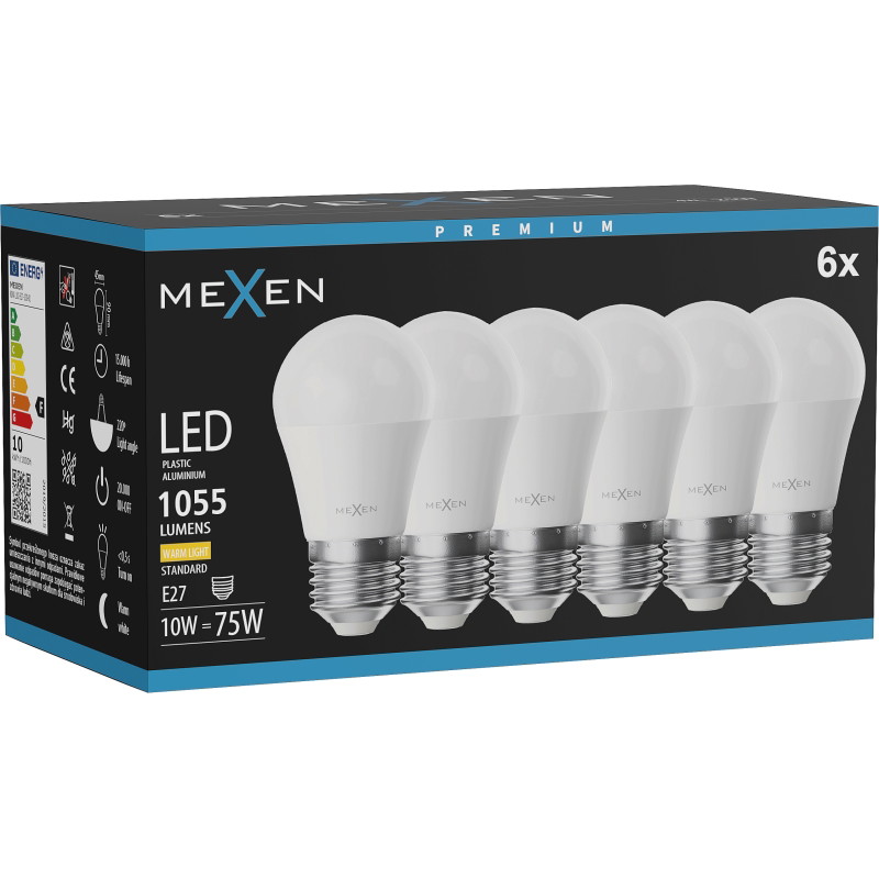 Mexen Nova 6x LED крушка E27, G45, 10W, Топла - 3000K, 1055 lm - L101-E27-1030-01x06