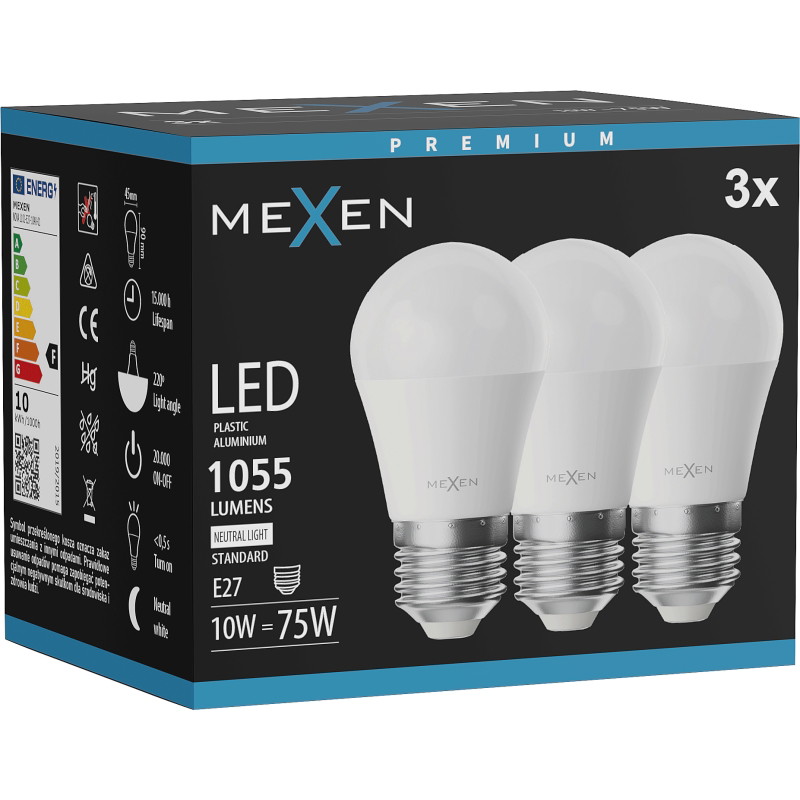 Mexen Nova 3x LED крушка E27, G45, 10W, Неутрална - 4000K, 1055 lm - L101-E27-1040-01x03