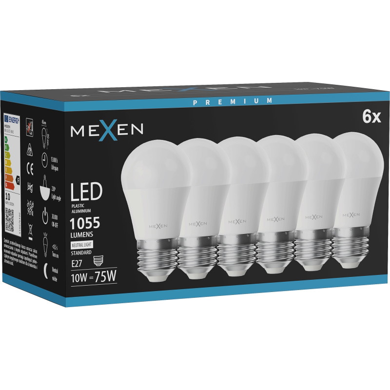 Mexen Nova 6x LED крушка E27, G45, 10W, Неутрална - 4000K, 1055 lm - L101-E27-1040-01x06