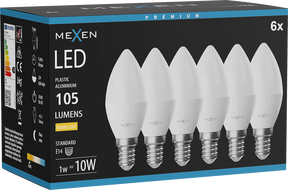 Mexen Nova 6x LED крушка E14, C37, 1W, Топъл - 3000K, 105 lm - L102-E14-0130-01x06