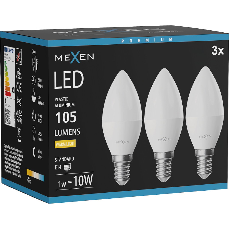 Mexen Nova 3x LED крушка E14, C37, 1W, Неутрална - 4000K, 105 lm - L102-E14-0140-01x03