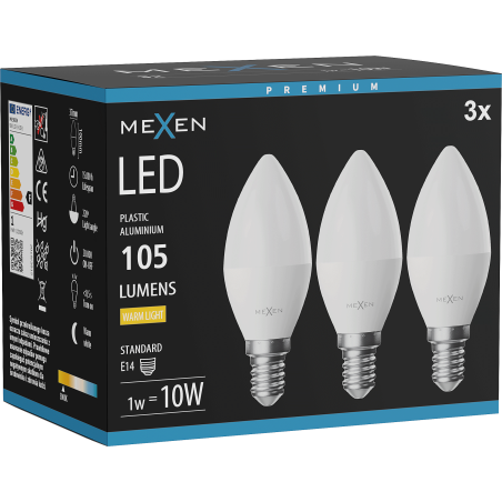 Mexen Nova 3x LED крушка E14, C37, 1W, Неутрална - 4000K, 105 lm - L102-E14-0140-01x03