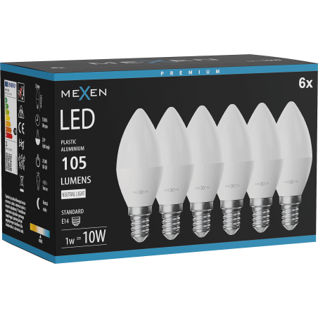 Mexen Nova 6x LED крушка E14, C37, 1W, Неутрална - 4000K, 105 lm - L102-E14-0140-01x06