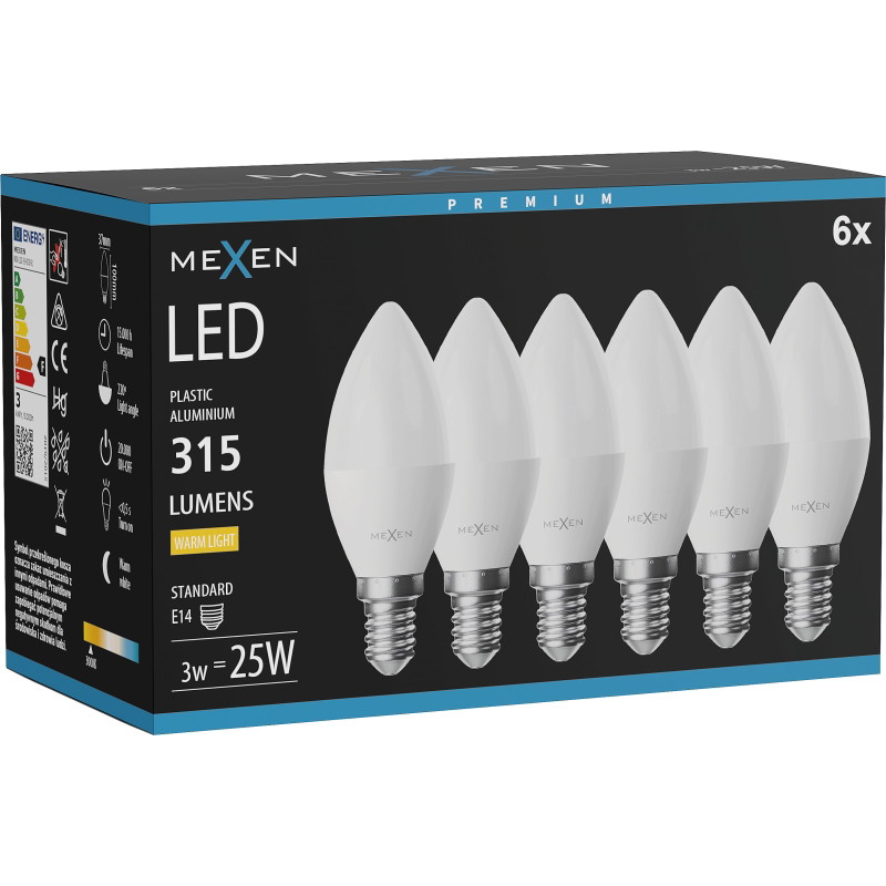 Mexen Nova 6x LED крушка E14, C37, 3W, Топло - 3000K, 315 lm - L102-E14-0330-01x06